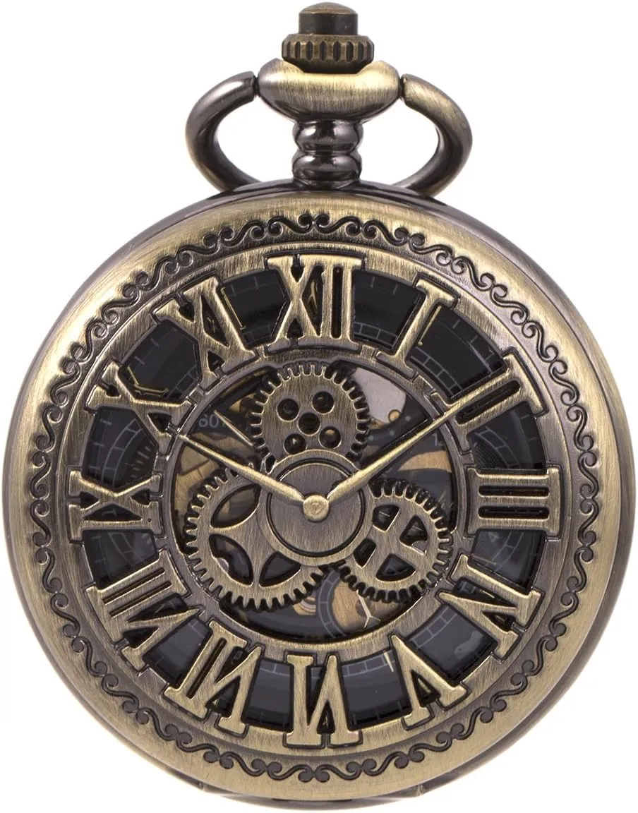 SIBOSUN Pocket Watch Skeleton Mechanical Double Case Hand-Wind Roman Numerals Antique Chain Mens