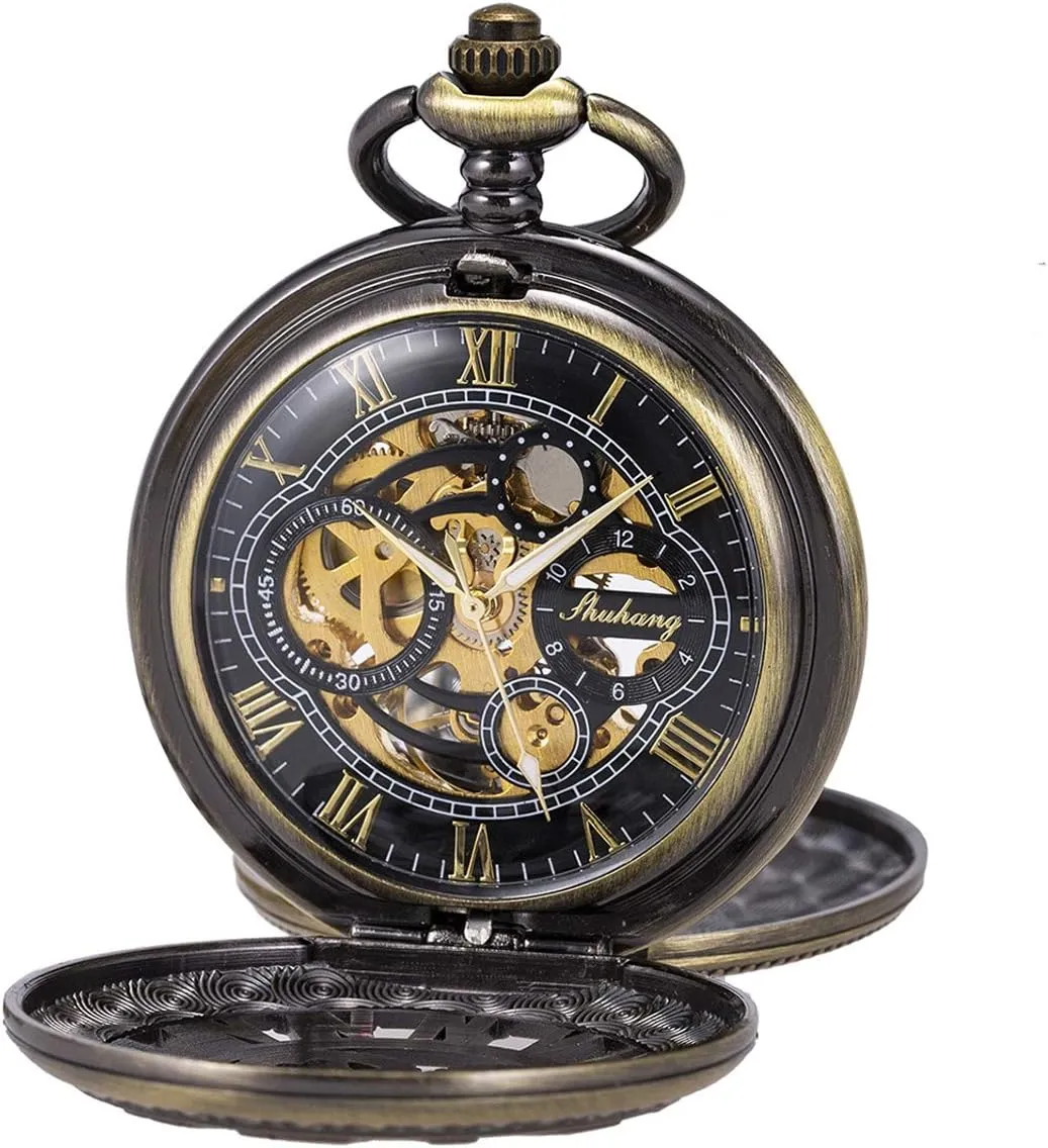 SIBOSUN Pocket Watch Skeleton Mechanical Double Case Hand-Wind Roman Numerals Antique Chain Mens