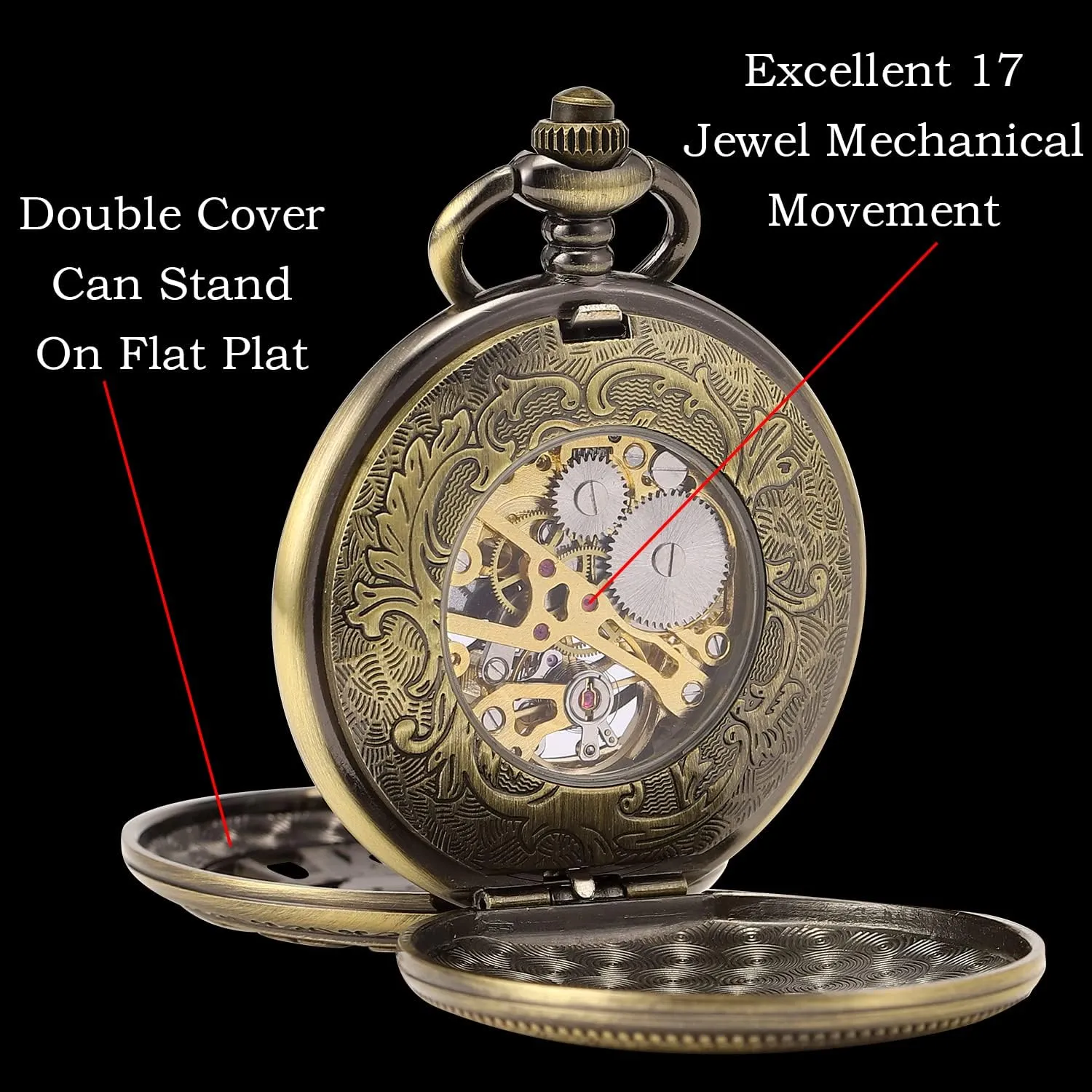 SIBOSUN Pocket Watch Skeleton Mechanical Double Case Hand-Wind Roman Numerals Antique Chain Mens