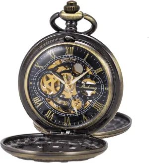 SIBOSUN Pocket Watch Skeleton Mechanical Double Case Hand-Wind Roman Numerals Antique Chain Mens