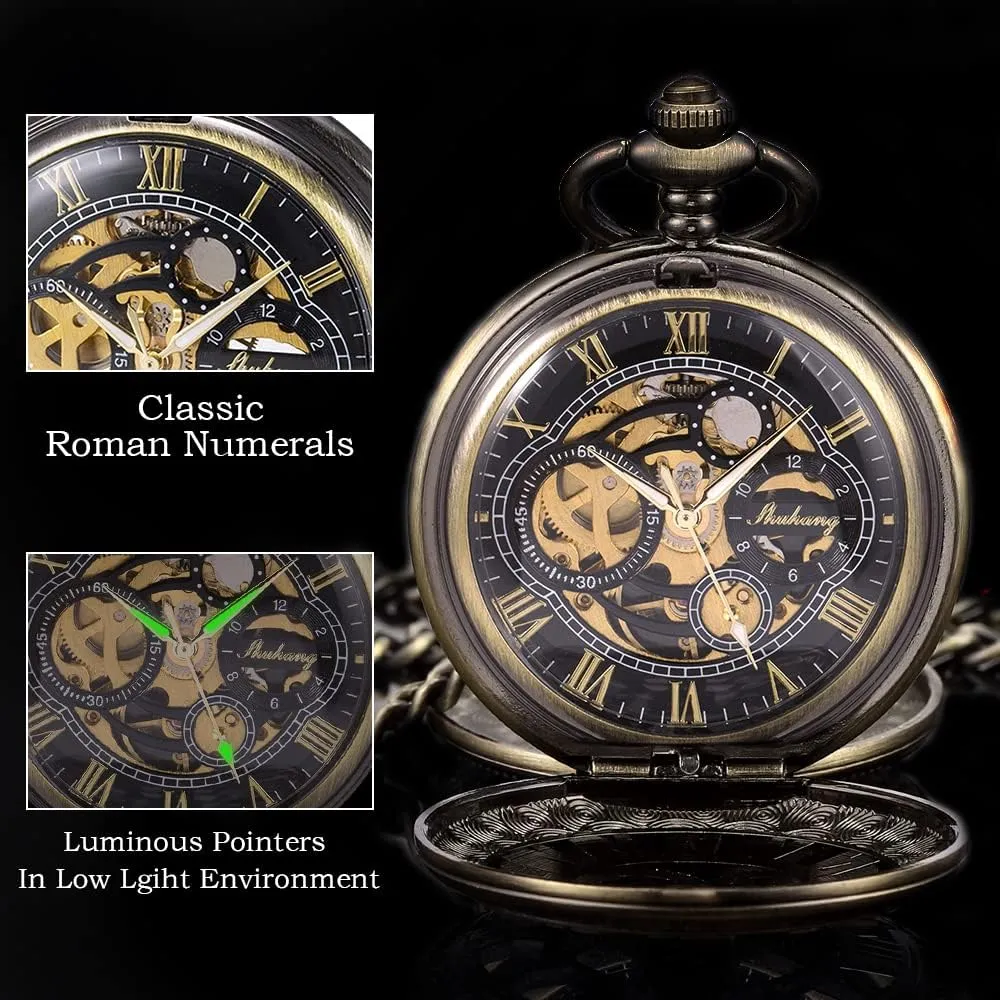 SIBOSUN Pocket Watch Skeleton Mechanical Double Case Hand-Wind Roman Numerals Antique Chain Mens