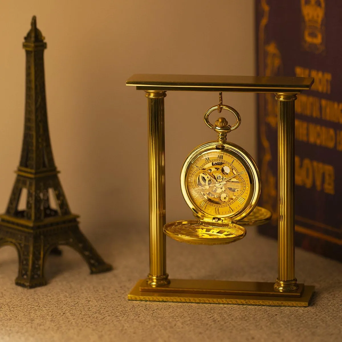 SIBOSUN Pocket Watch Skeleton Mechanical Double Case Hand-Wind Roman Numerals Antique Chain Mens