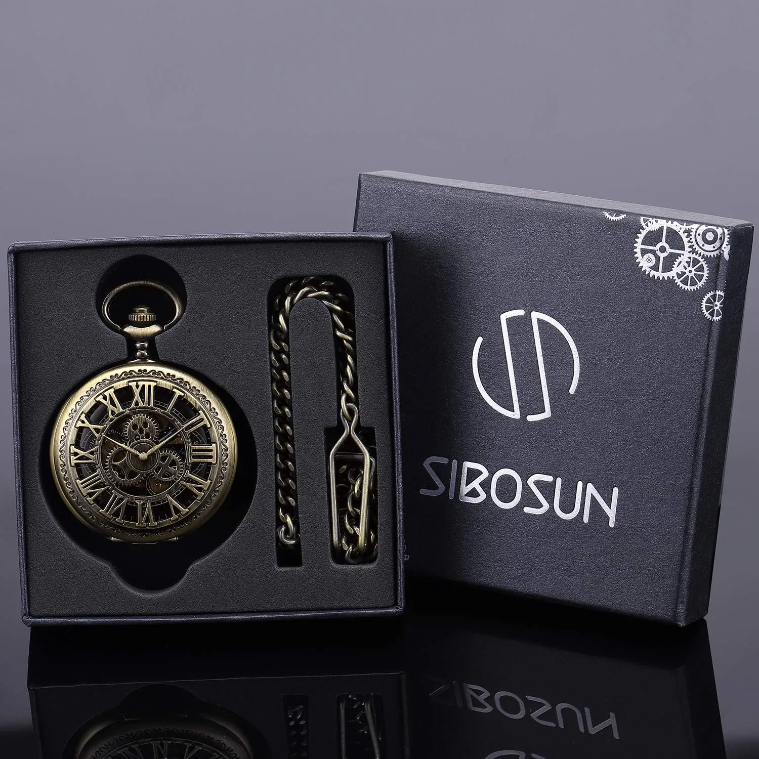 SIBOSUN Pocket Watch Skeleton Mechanical Double Case Hand-Wind Roman Numerals Antique Chain Mens
