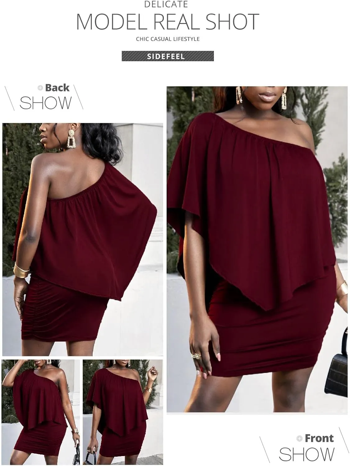 Sidefeel Women's Dresses Off Shoulder Ruffles Night Club Bodycon Mini Dress