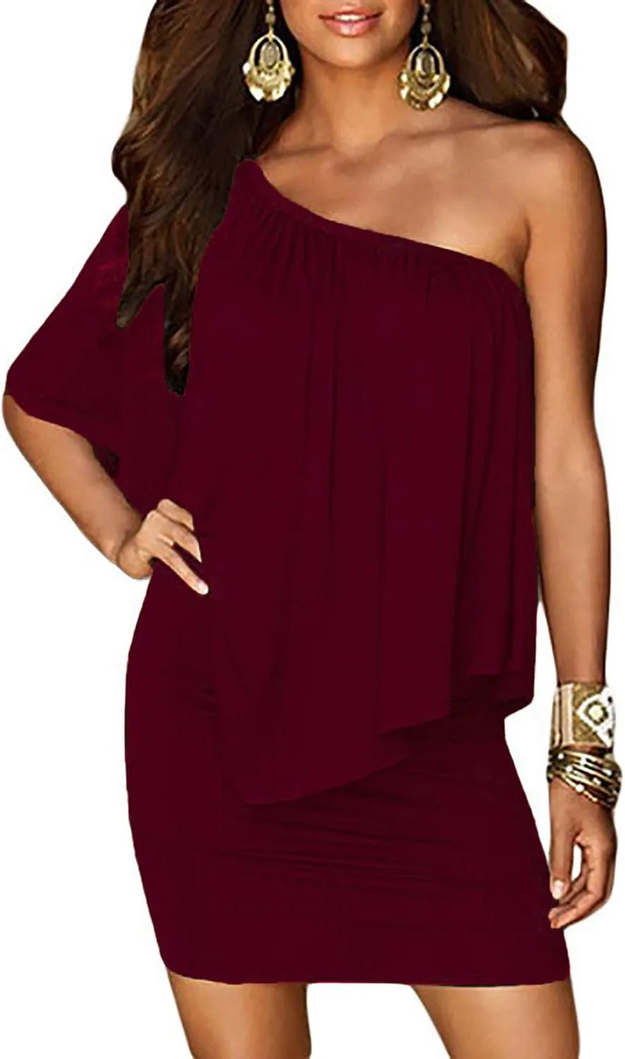Sidefeel Women's Dresses Off Shoulder Ruffles Night Club Bodycon Mini Dress