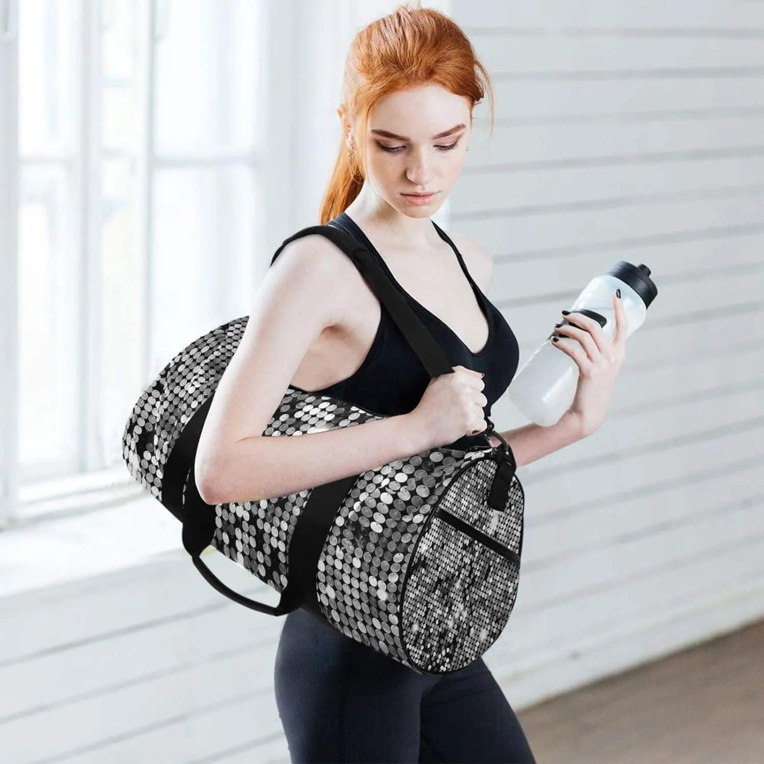 Silver Background Mosaic with White Light Spots Portable Gym Bag, Travel Bag, Luggage bag, Sports Bag, Toiletry Bag with Handles, Detachable Shoulder Strap 17.6 x 9 x 9 inch