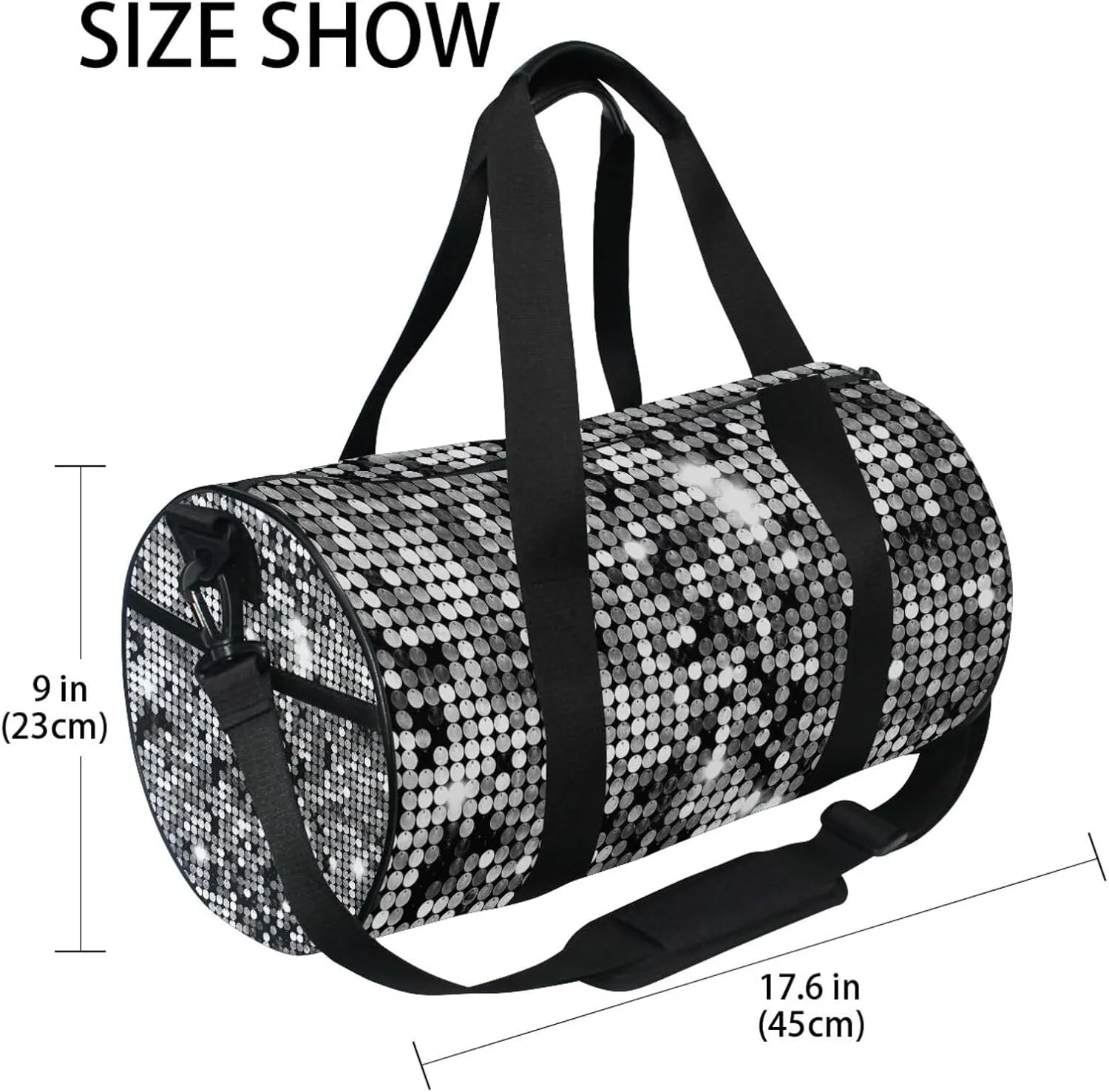 Silver Background Mosaic with White Light Spots Portable Gym Bag, Travel Bag, Luggage bag, Sports Bag, Toiletry Bag with Handles, Detachable Shoulder Strap 17.6 x 9 x 9 inch