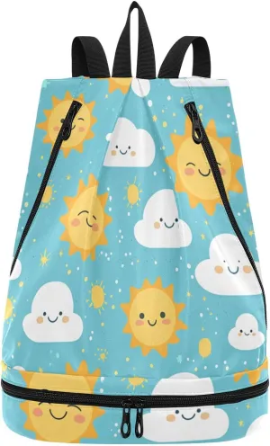 simple cartoon sun clouds Drawstring sports bags sturdy sports backpack with Wet Dry Compartments