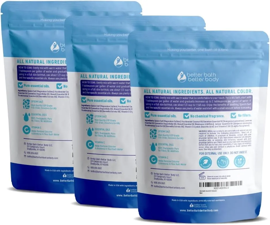Sitz Bath Salt (3 Pack with Bamboo Scoop) Hemorrhoid Soothing Sitz Soak USP Grade Epsom Salt 3 Pouches 6 Lbs Total with Pure Essential Oils in BPA Free Pouch with Easy Press Seal Made in USA