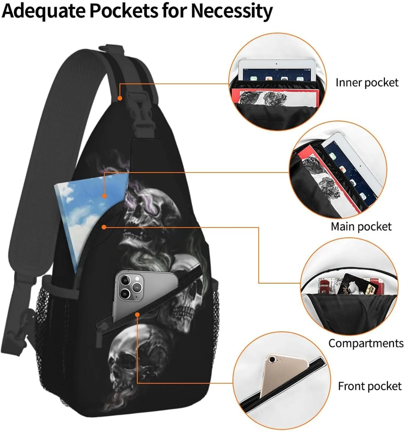 Skull Shoulder Bag Men Sling Backpack Daypack Casual Hiking Bag Cool Backpack Bag for Outdoor