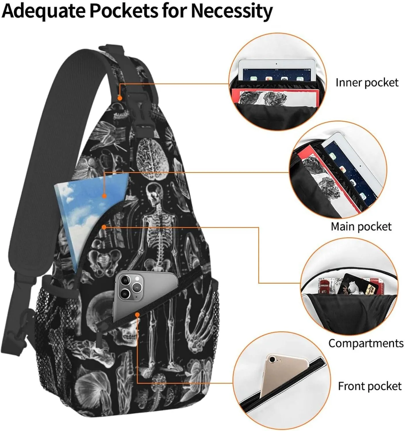 Skull Shoulder Bag Men Sling Backpack Daypack Casual Hiking Bag Cool Backpack Bag for Outdoor