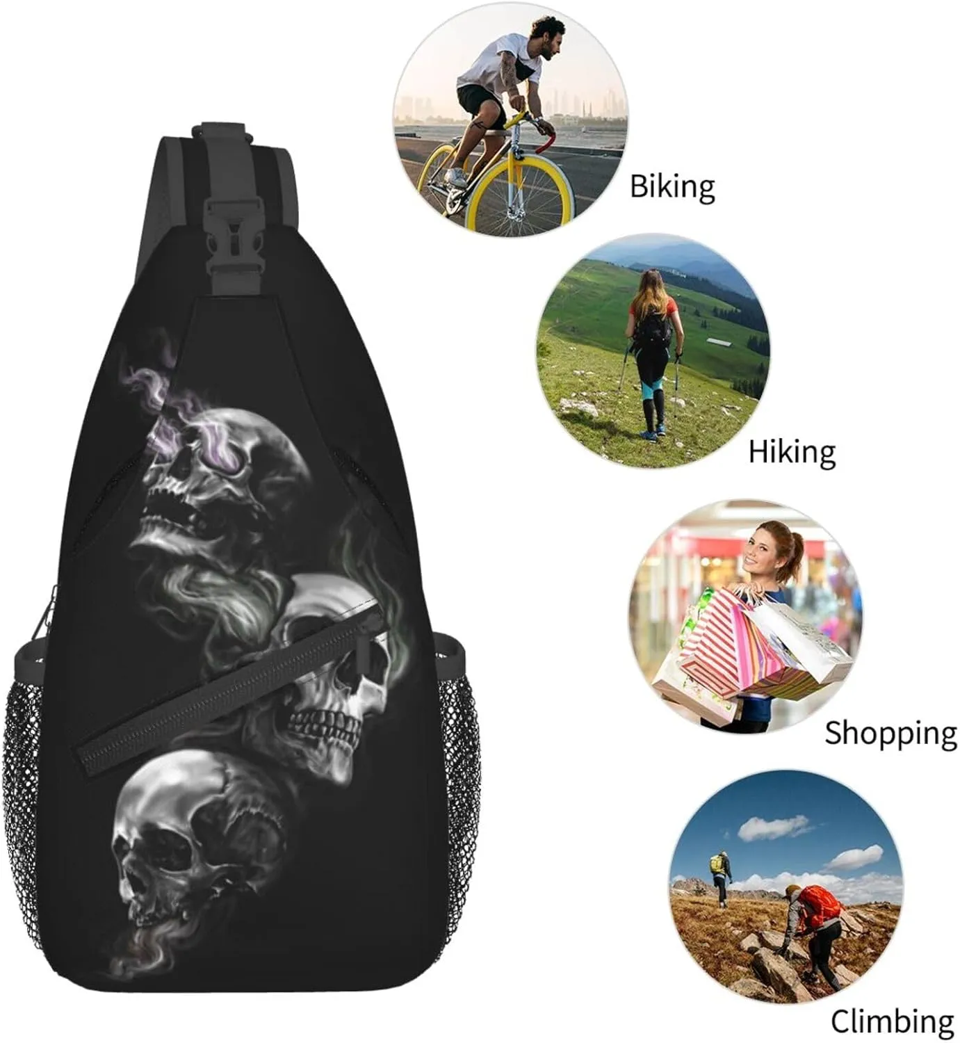 Skull Shoulder Bag Men Sling Backpack Daypack Casual Hiking Bag Cool Backpack Bag for Outdoor