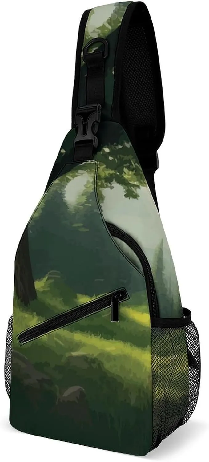 Sling Bag Landscape Fog Forest Crossbody Shoulder Backpack Mountain Natural Adjustable Lightweight Travel Hiking Chest Bag for Men Women