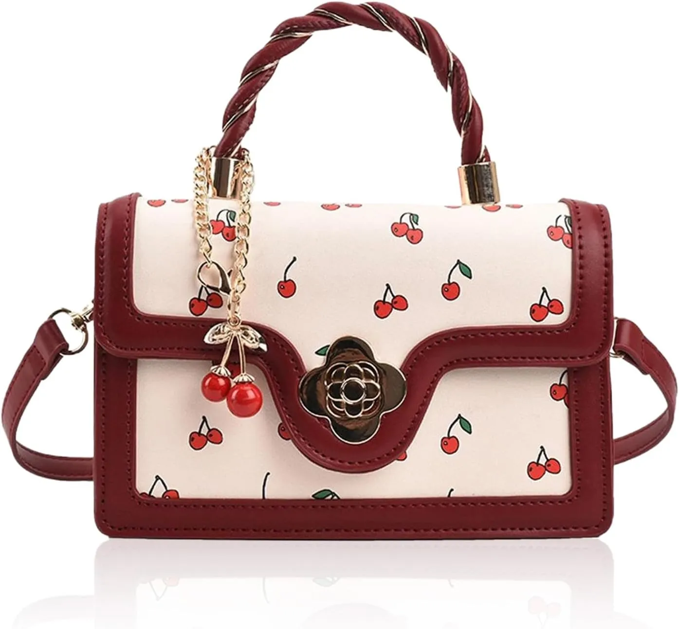 Small Chic Cherry Shoulder Bag Purse for Women PU Leather Cherry Pattern Top-handle Handbag Small Satchel Bag