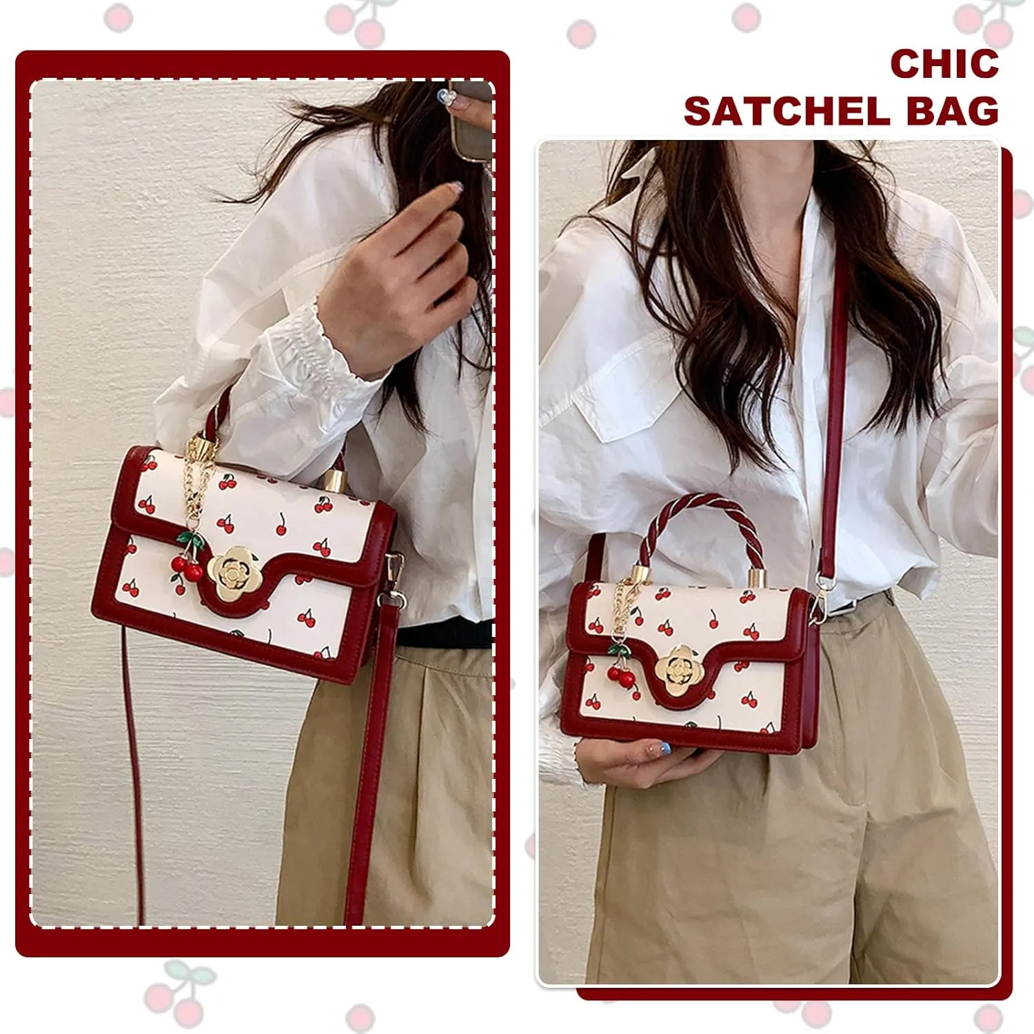 Small Chic Cherry Shoulder Bag Purse for Women PU Leather Cherry Pattern Top-handle Handbag Small Satchel Bag