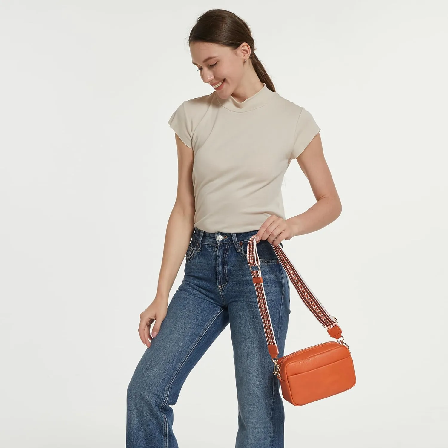 Small Crossbody Bag with Wide Guitar Strap Camera Purse Shoulder Handbag Satchel