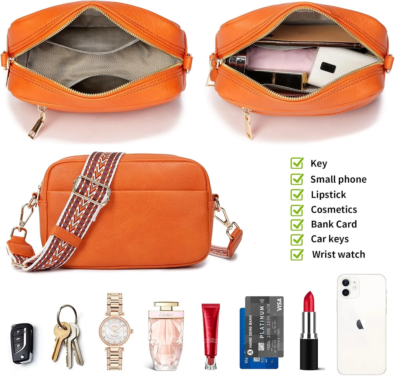 Small Crossbody Bag with Wide Guitar Strap Camera Purse Shoulder Handbag Satchel