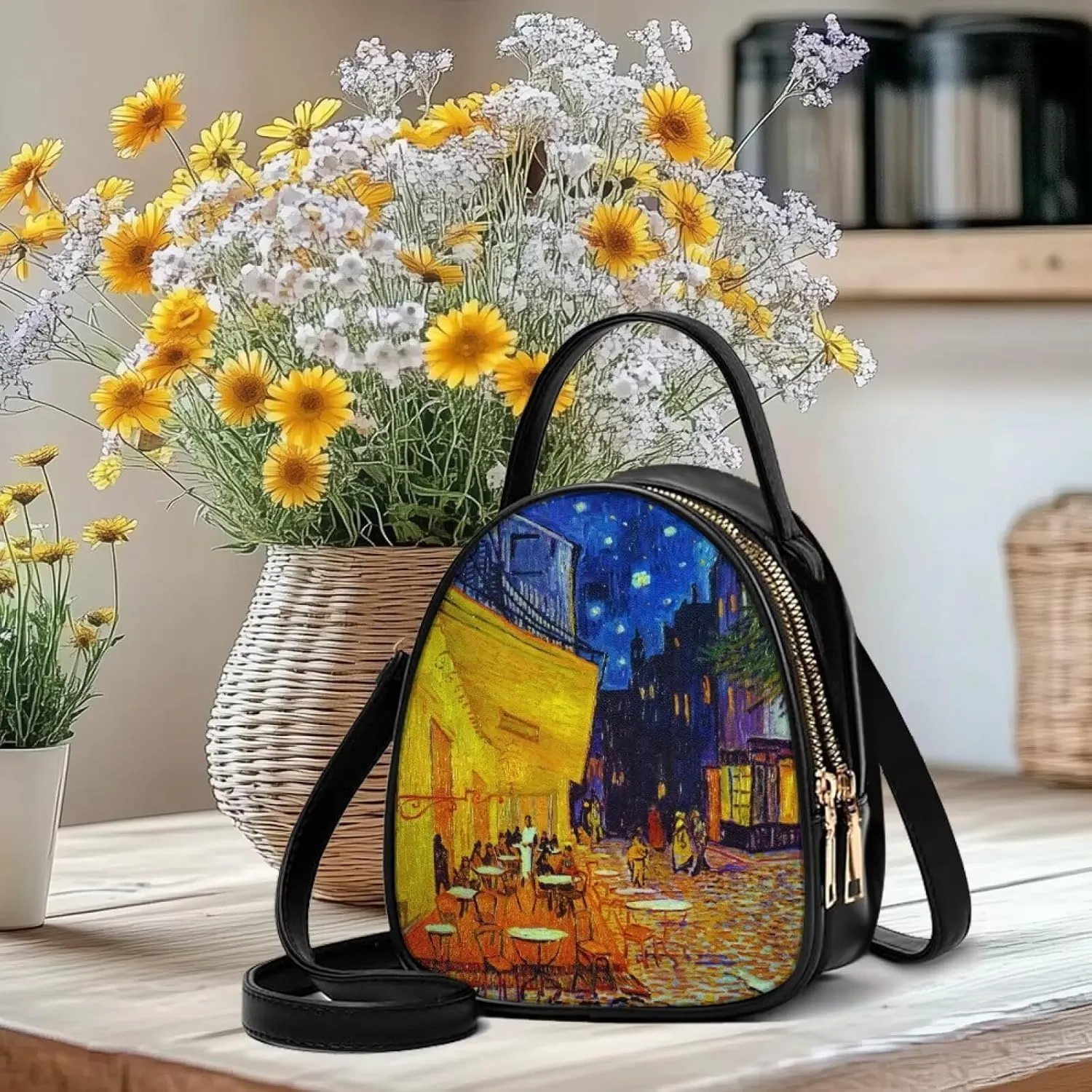 Small Crossbody Purse Bag for Women Travel, Van Gogh Monet Sling Handbag PU Leather Phone Holder for Art Lover