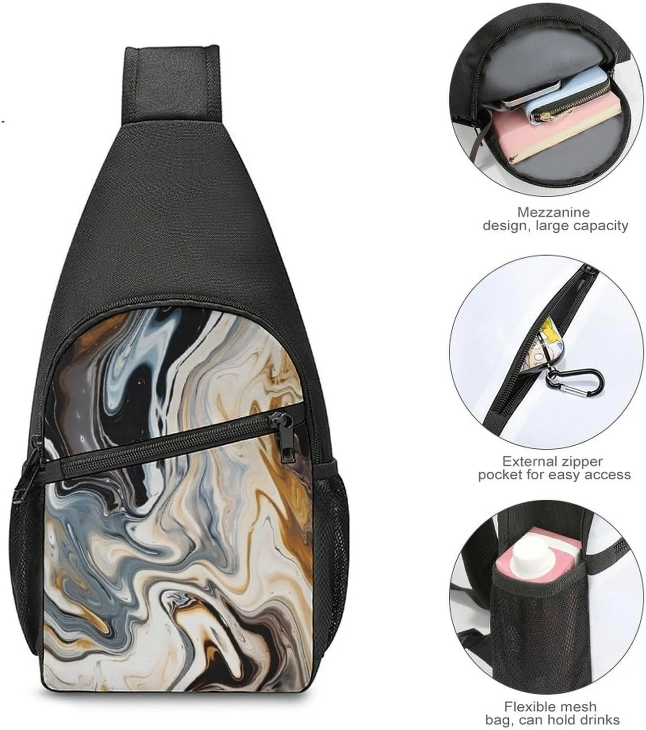 Small Sling Chest Bag Crossbody Bag for Men Women,Abstract Marble Ink Texture Lightweight Gym Daypack for Travel Cycling Hiking