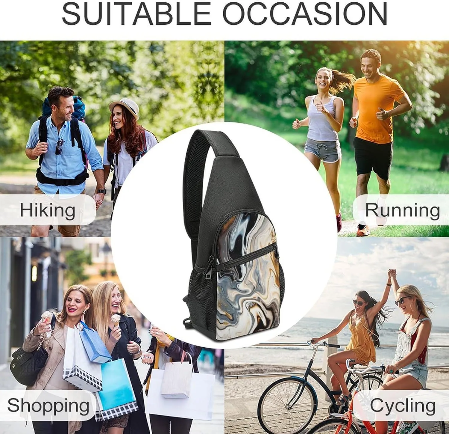 Small Sling Chest Bag Crossbody Bag for Men Women,Abstract Marble Ink Texture Lightweight Gym Daypack for Travel Cycling Hiking