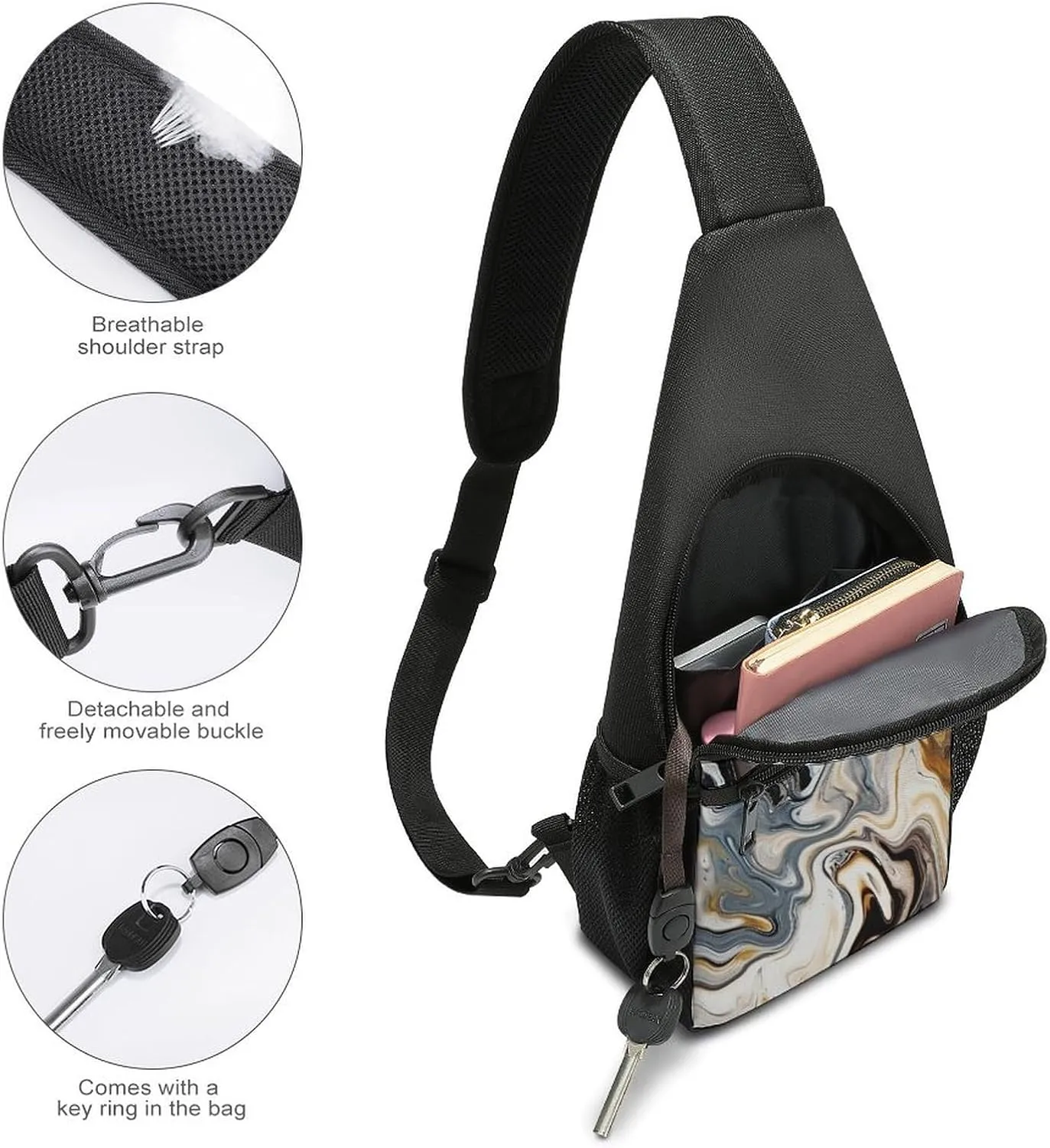 Small Sling Chest Bag Crossbody Bag for Men Women,Abstract Marble Ink Texture Lightweight Gym Daypack for Travel Cycling Hiking