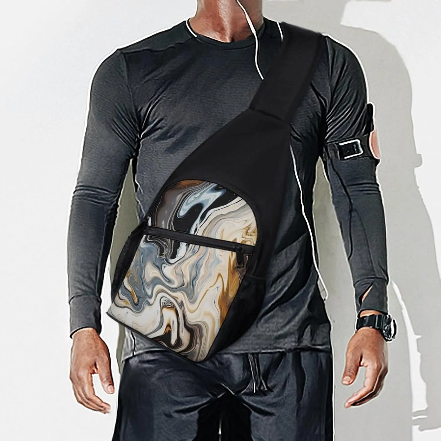 Small Sling Chest Bag Crossbody Bag for Men Women,Abstract Marble Ink Texture Lightweight Gym Daypack for Travel Cycling Hiking