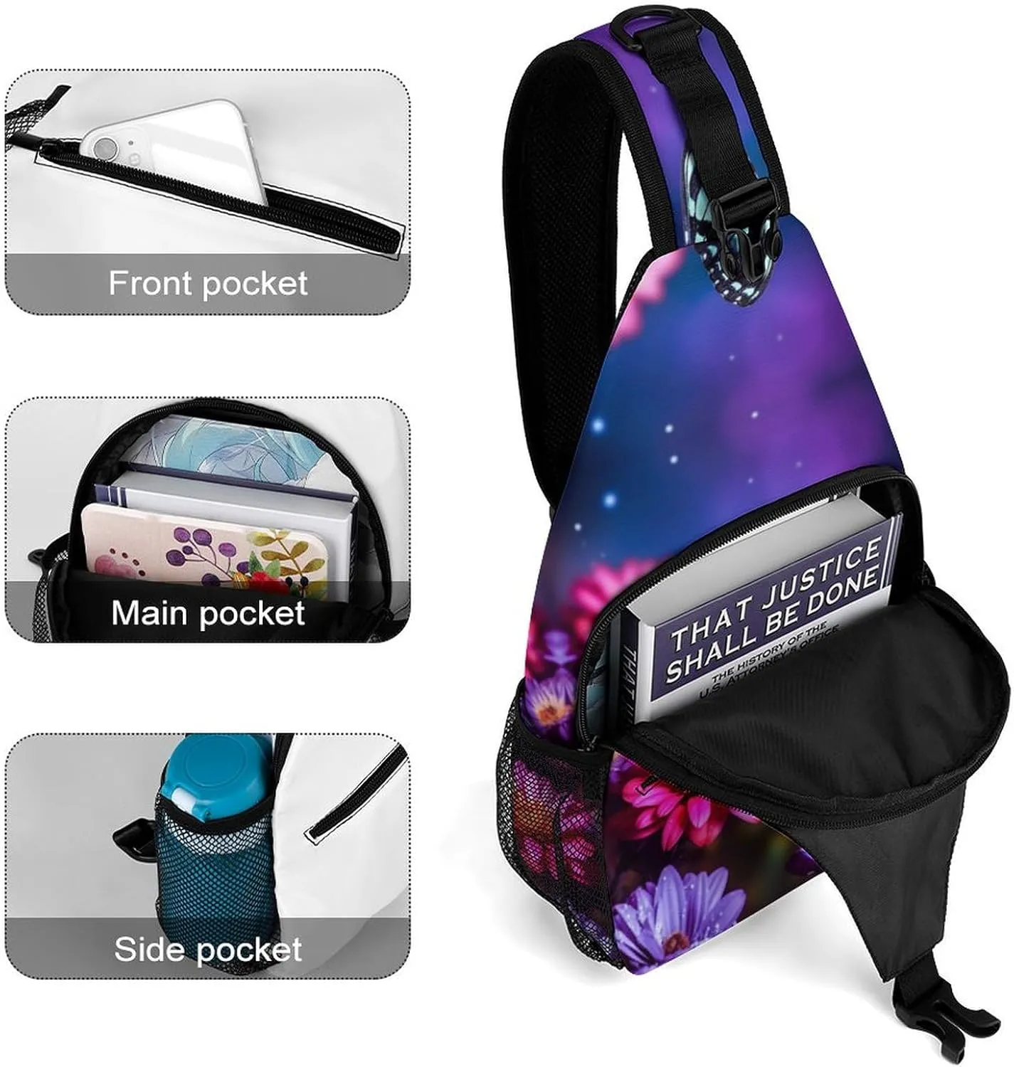Small Sling Chest Bag Crossbody Bag for Men Women,Butterfly Beautiful Flowers Lightweight Gym Daypack for Travel Cycling Hiking