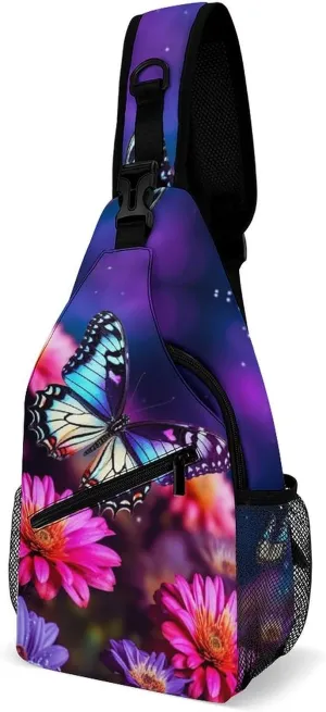 Small Sling Chest Bag Crossbody Bag for Men Women,Butterfly Beautiful Flowers Lightweight Gym Daypack for Travel Cycling Hiking