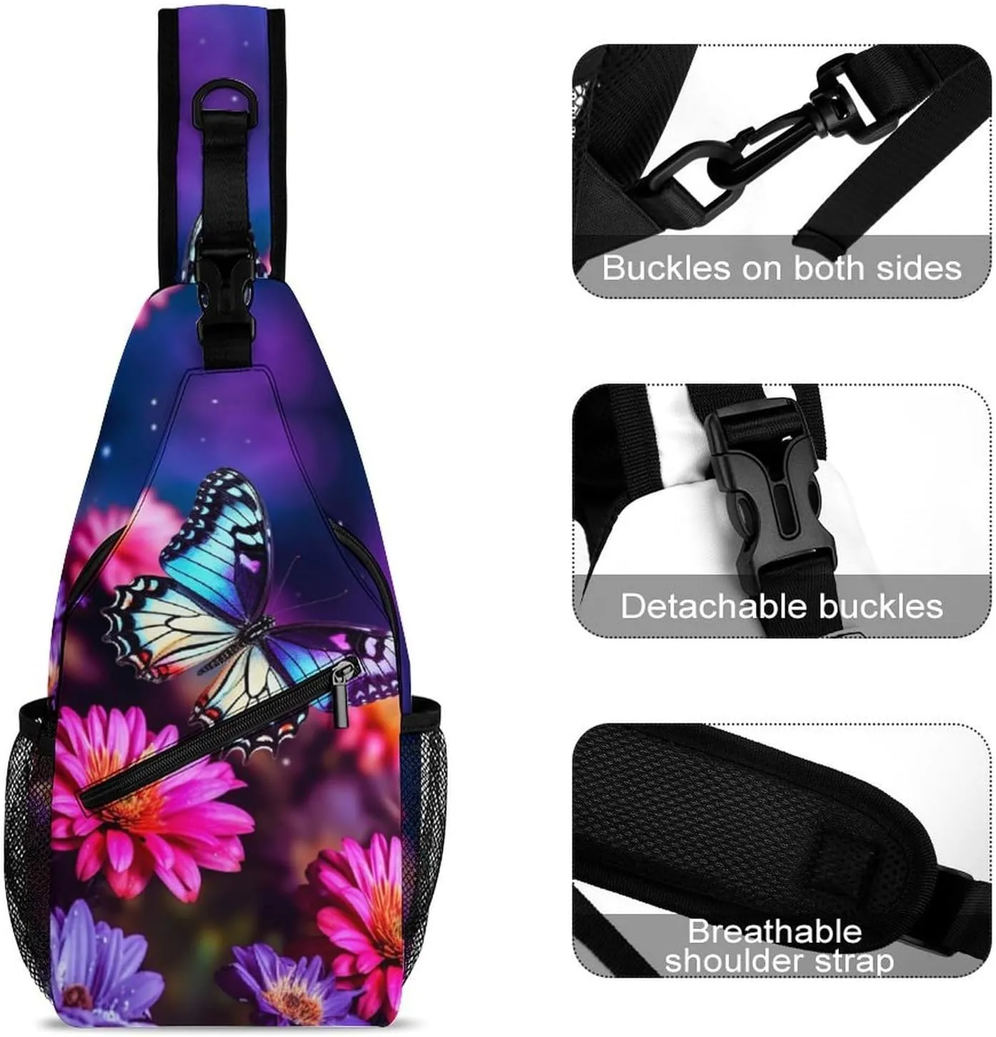 Small Sling Chest Bag Crossbody Bag for Men Women,Butterfly Beautiful Flowers Lightweight Gym Daypack for Travel Cycling Hiking
