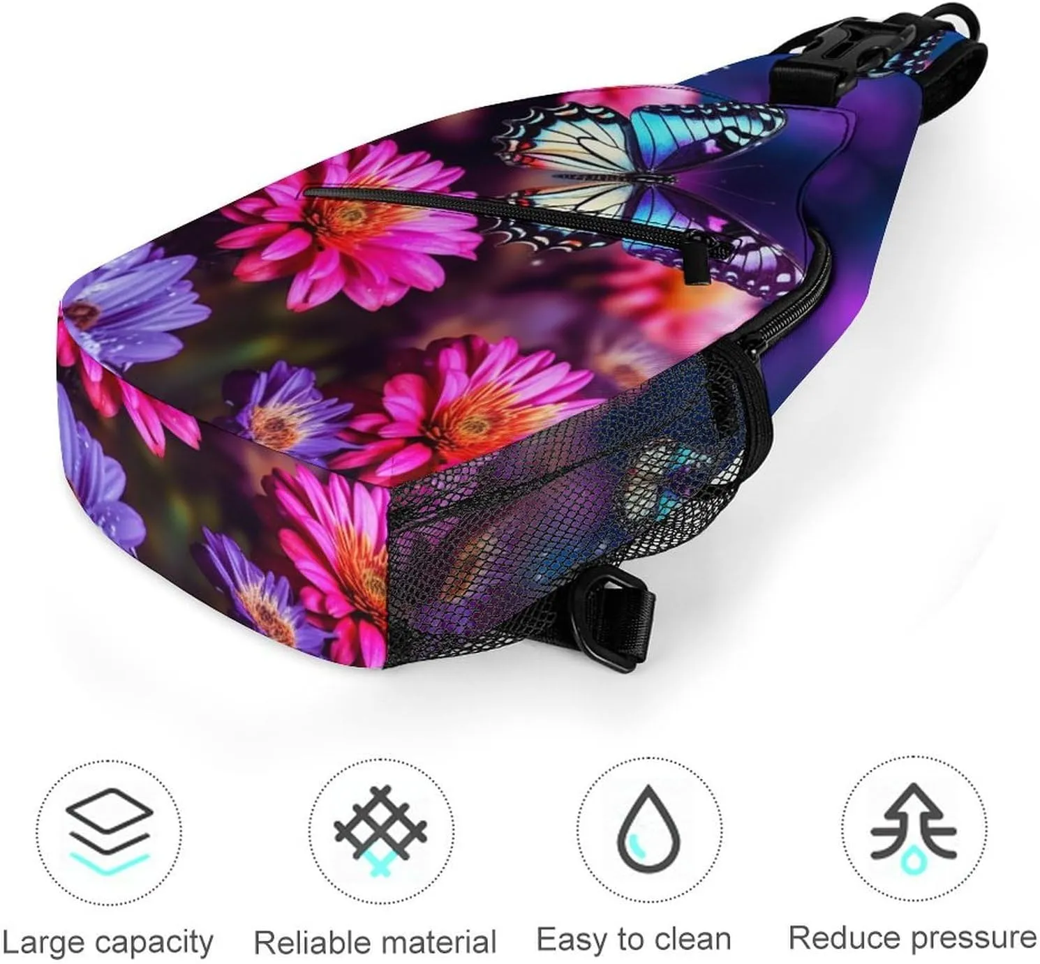 Small Sling Chest Bag Crossbody Bag for Men Women,Butterfly Beautiful Flowers Lightweight Gym Daypack for Travel Cycling Hiking