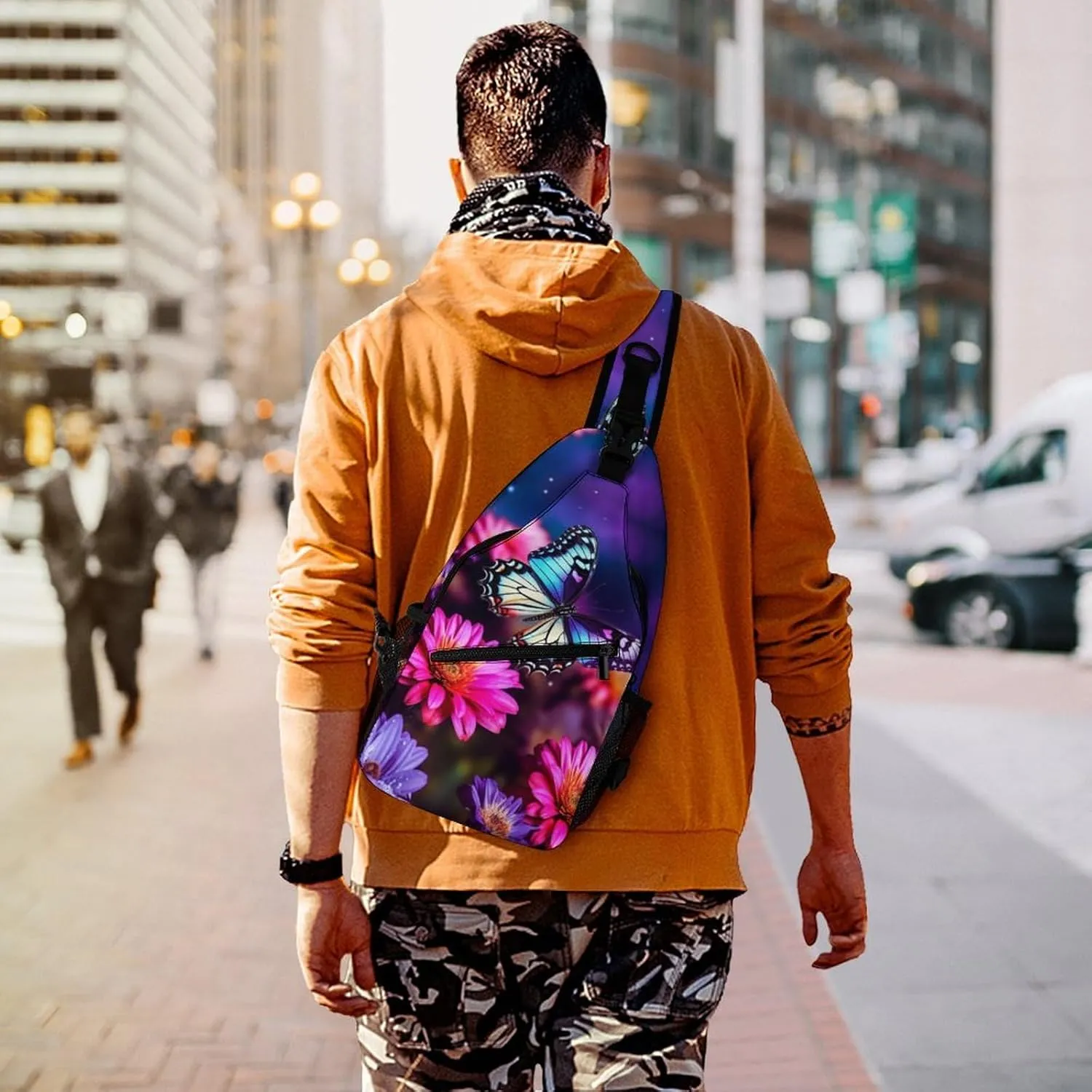 Small Sling Chest Bag Crossbody Bag for Men Women,Butterfly Beautiful Flowers Lightweight Gym Daypack for Travel Cycling Hiking