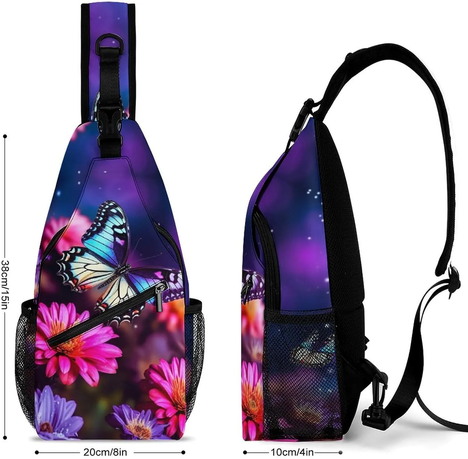 Small Sling Chest Bag Crossbody Bag for Men Women,Butterfly Beautiful Flowers Lightweight Gym Daypack for Travel Cycling Hiking