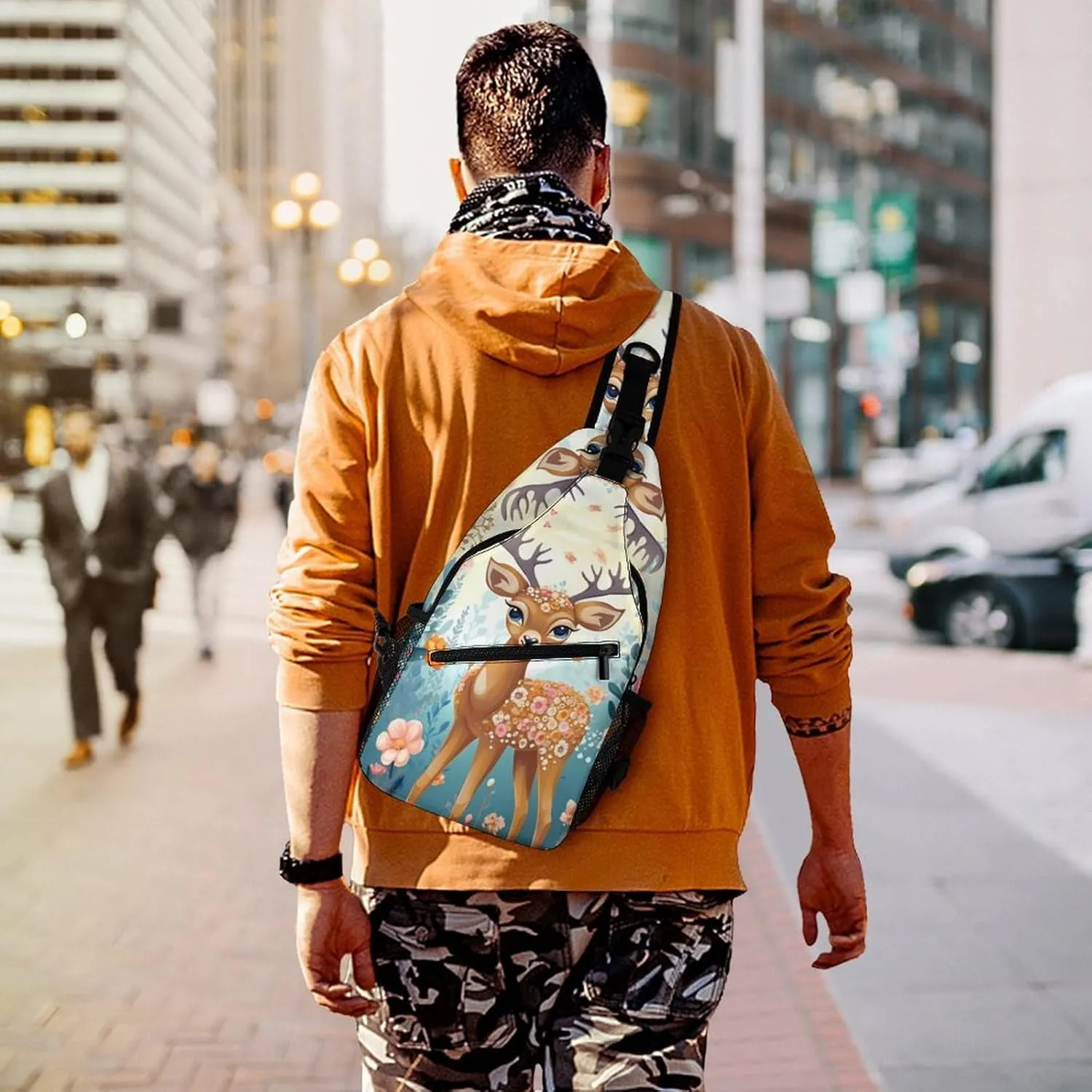Small Sling Chest Bag Crossbody Bag for Men Women,Cartoon Deer Flower Lightweight Gym Daypack for Travel Cycling Hiking