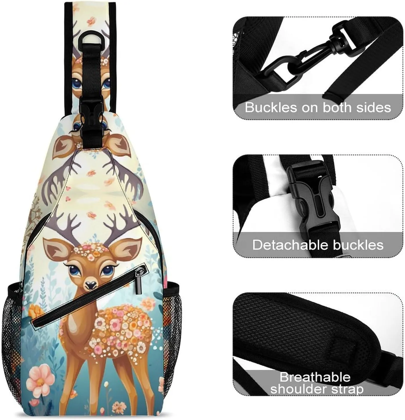 Small Sling Chest Bag Crossbody Bag for Men Women,Cartoon Deer Flower Lightweight Gym Daypack for Travel Cycling Hiking