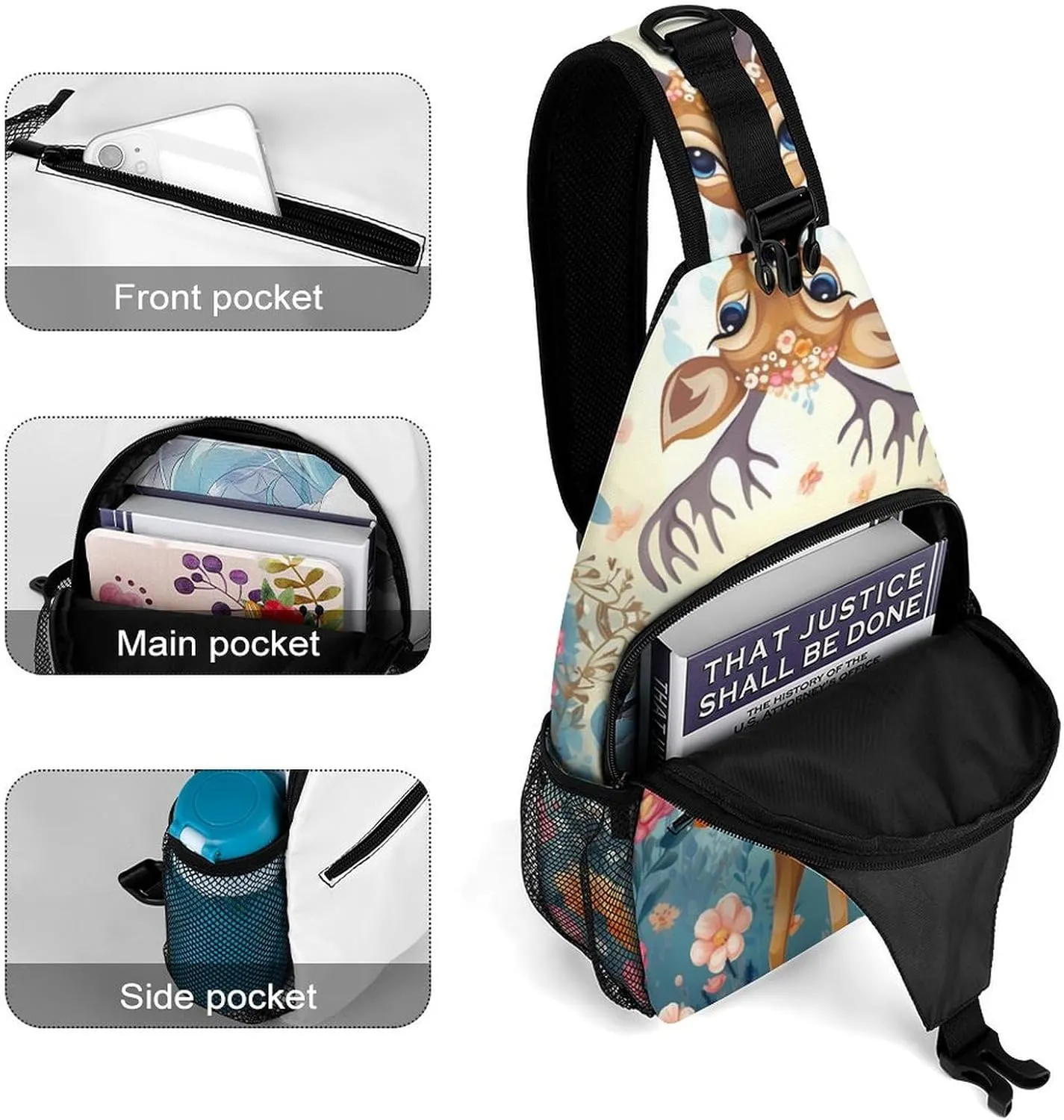 Small Sling Chest Bag Crossbody Bag for Men Women,Cartoon Deer Flower Lightweight Gym Daypack for Travel Cycling Hiking