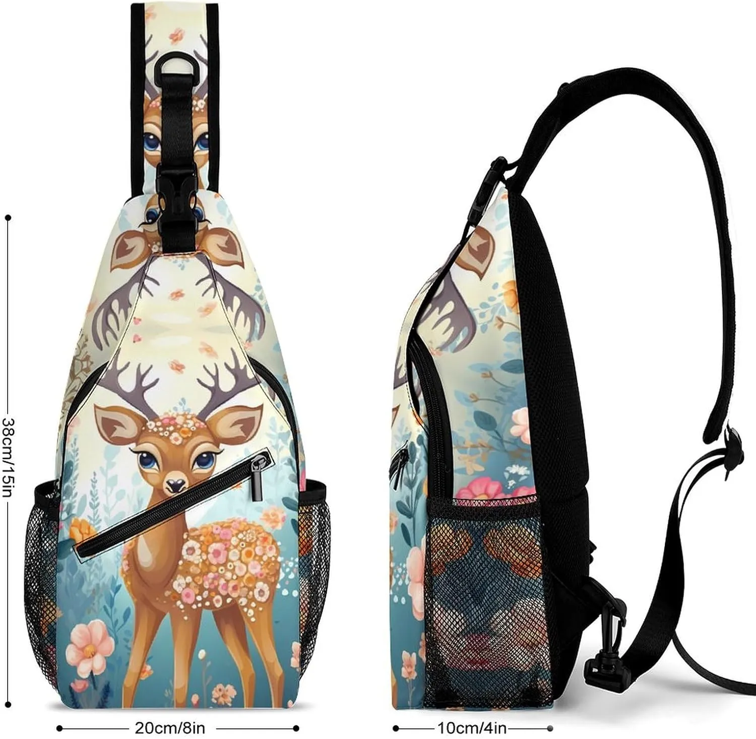 Small Sling Chest Bag Crossbody Bag for Men Women,Cartoon Deer Flower Lightweight Gym Daypack for Travel Cycling Hiking
