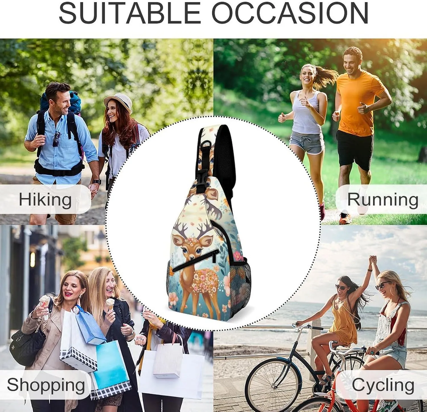 Small Sling Chest Bag Crossbody Bag for Men Women,Cartoon Deer Flower Lightweight Gym Daypack for Travel Cycling Hiking