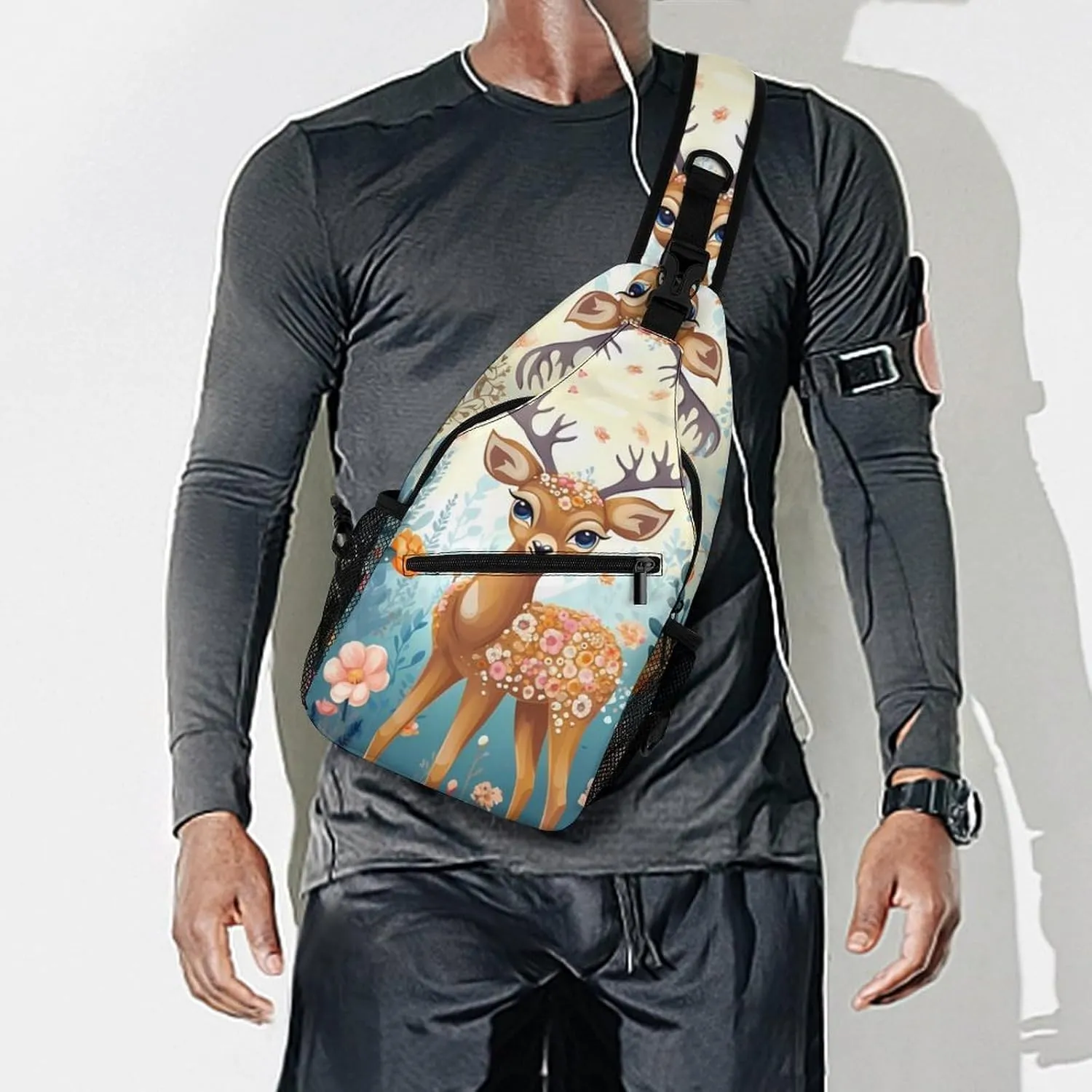 Small Sling Chest Bag Crossbody Bag for Men Women,Cartoon Deer Flower Lightweight Gym Daypack for Travel Cycling Hiking