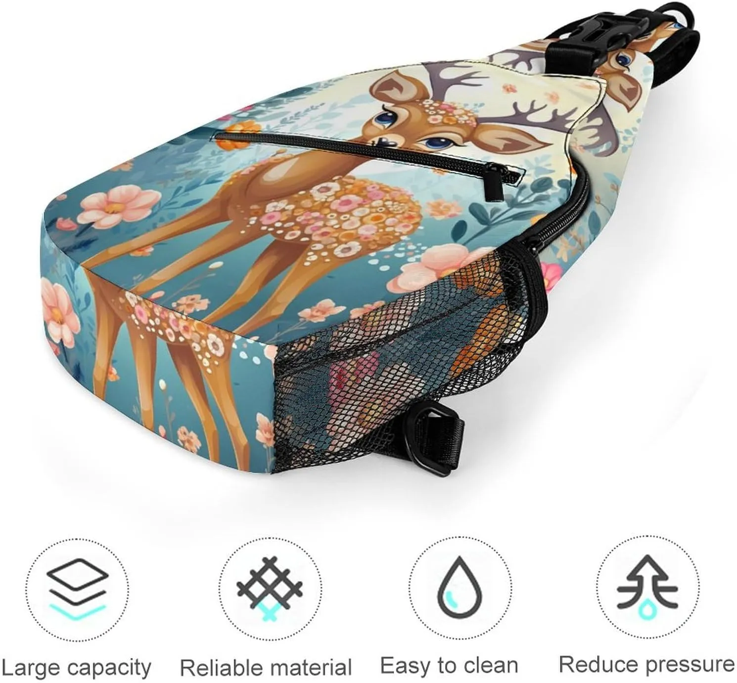 Small Sling Chest Bag Crossbody Bag for Men Women,Cartoon Deer Flower Lightweight Gym Daypack for Travel Cycling Hiking