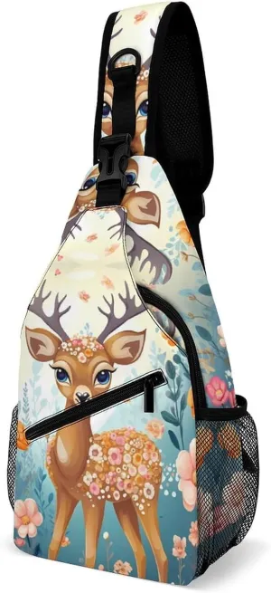 Small Sling Chest Bag Crossbody Bag for Men Women,Cartoon Deer Flower Lightweight Gym Daypack for Travel Cycling Hiking