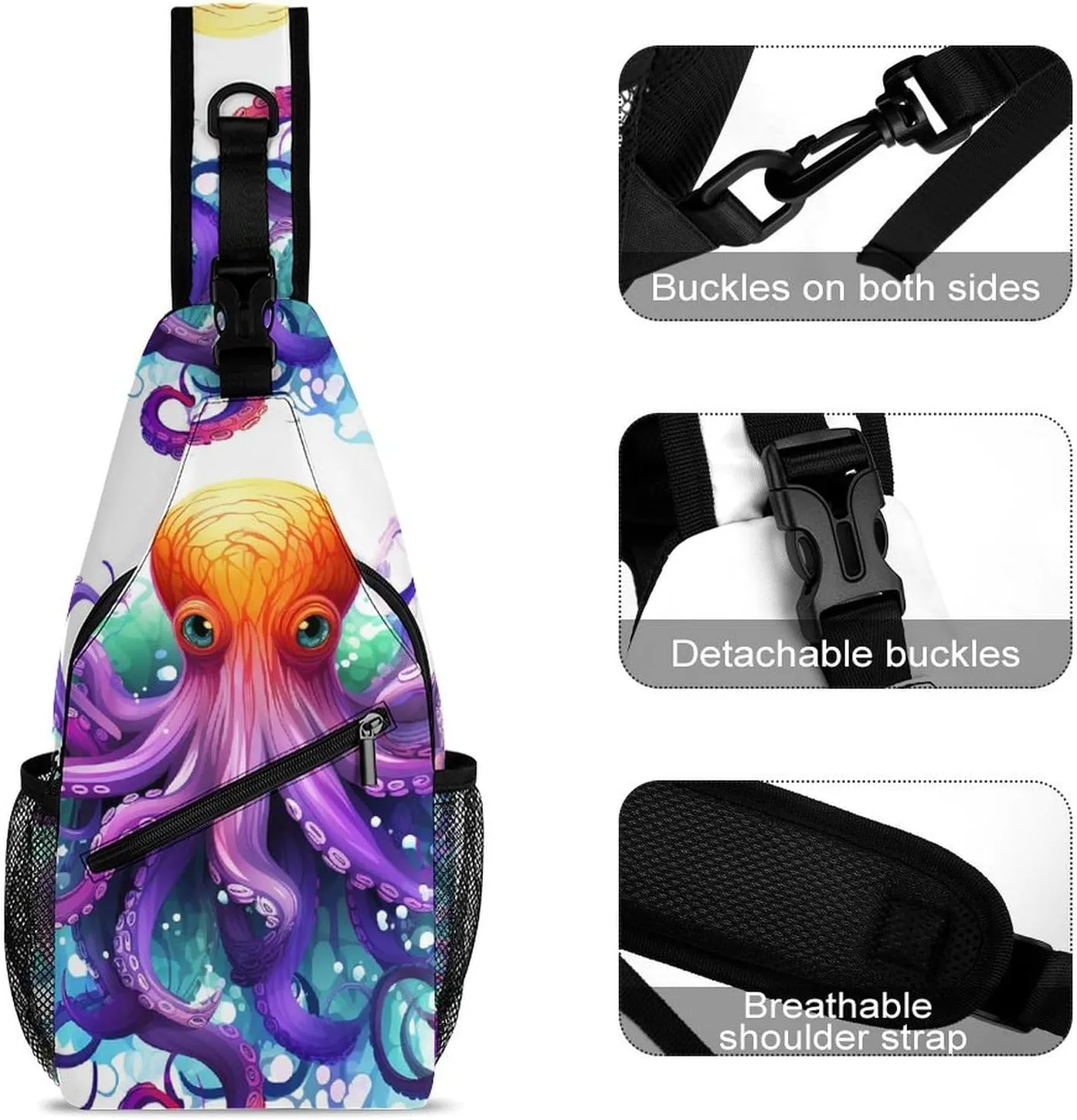 Small Sling Chest Bag Crossbody Bag for Men Women,Colorful Octopus Lightweight Gym Daypack for Travel Cycling Hiking