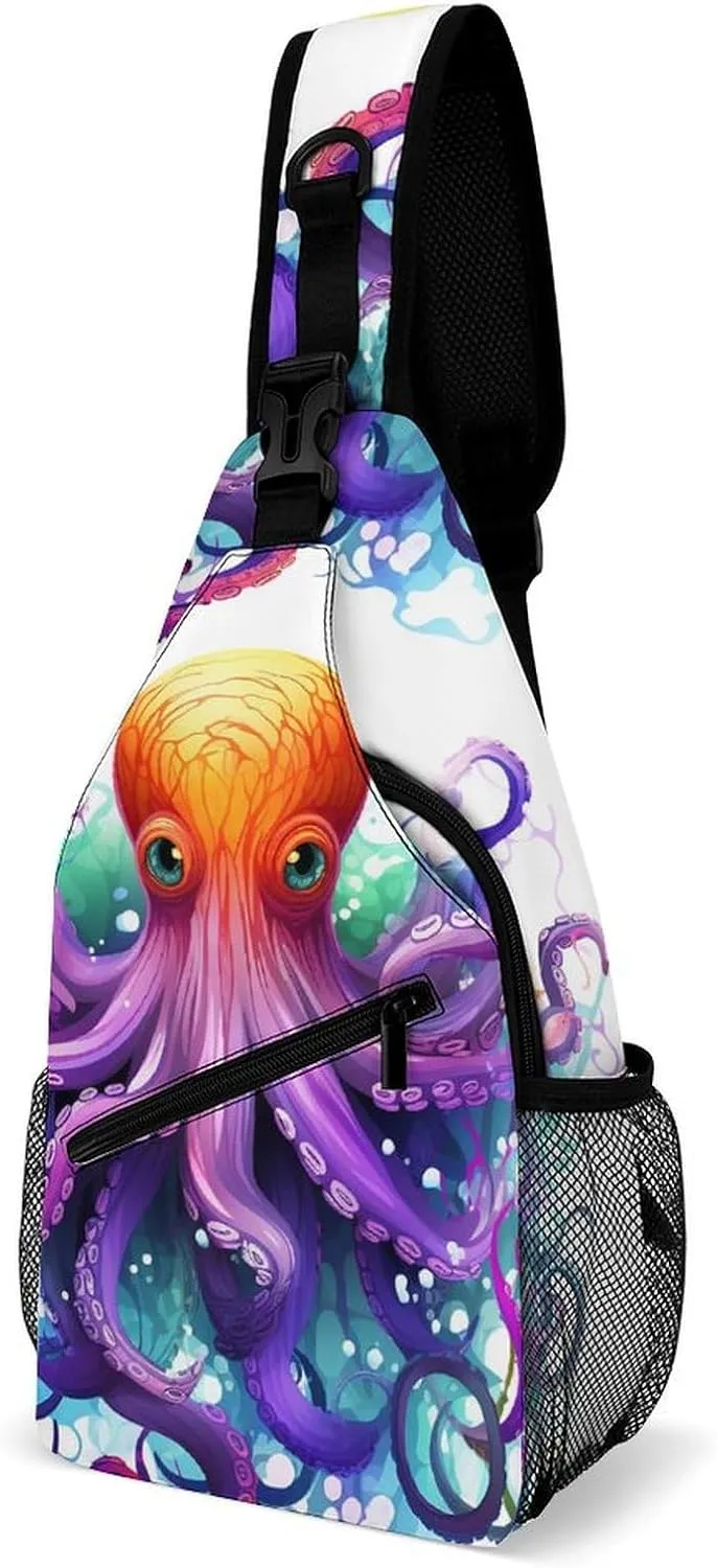 Small Sling Chest Bag Crossbody Bag for Men Women,Colorful Octopus Lightweight Gym Daypack for Travel Cycling Hiking