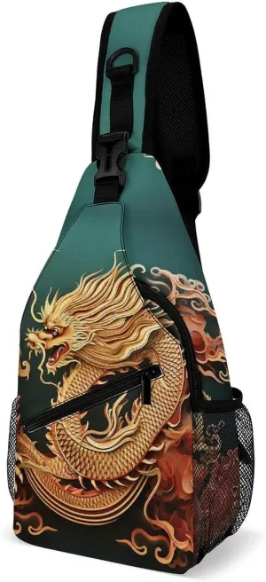 Small Sling Chest Bag Crossbody Bag for Men Women,Dragon Chinese Background Lightweight Gym Daypack for Travel Cycling Hiking