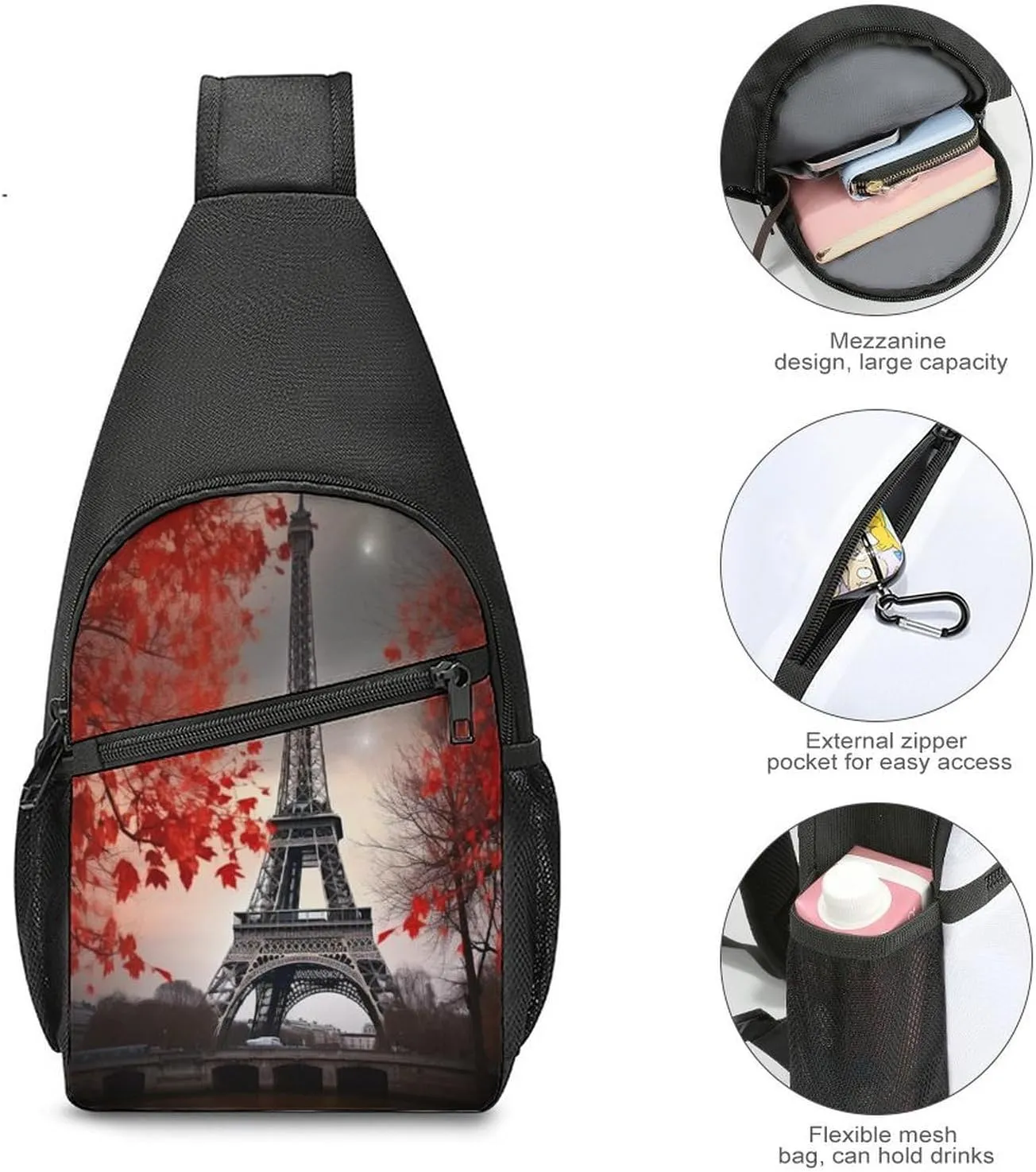 Small Sling Chest Bag Crossbody Bag for Men Women,Eiffel Tower Autumn Leaves Lightweight Gym Daypack for Travel Cycling Hiking
