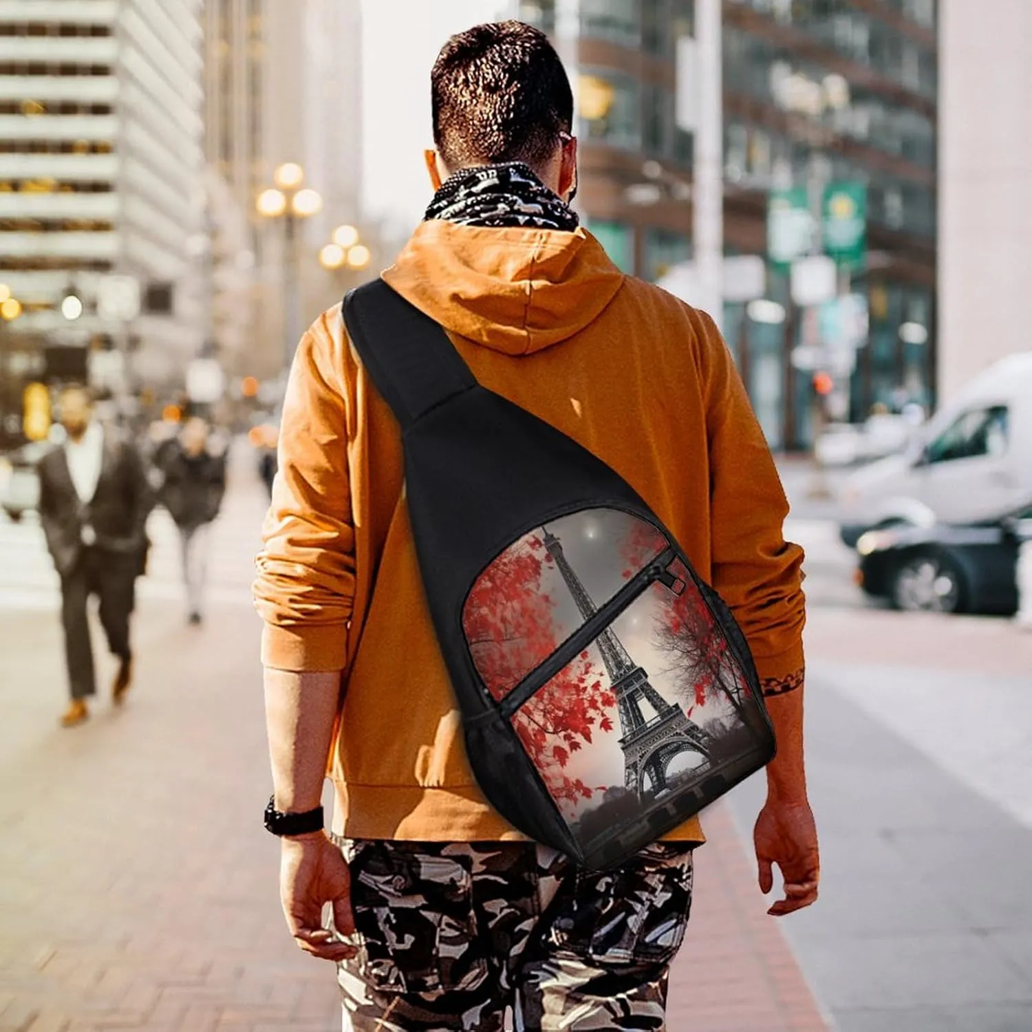 Small Sling Chest Bag Crossbody Bag for Men Women,Eiffel Tower Autumn Leaves Lightweight Gym Daypack for Travel Cycling Hiking