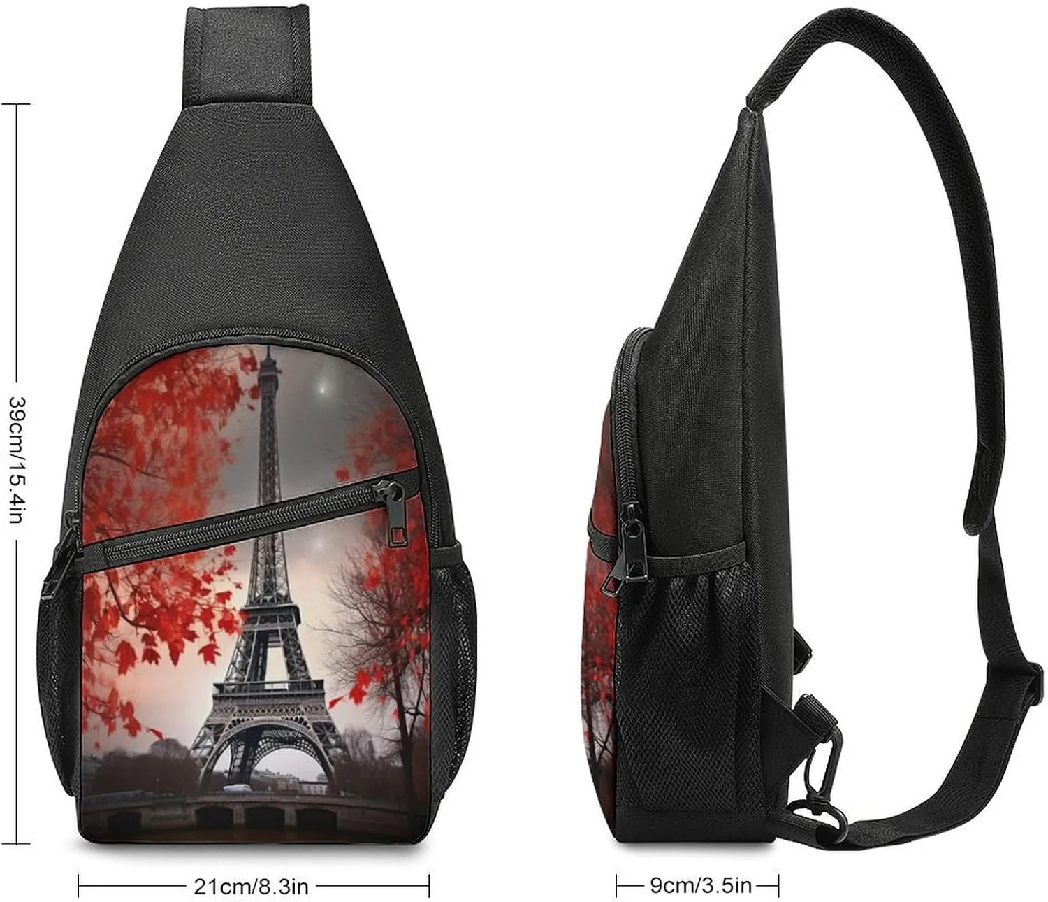 Small Sling Chest Bag Crossbody Bag for Men Women,Eiffel Tower Autumn Leaves Lightweight Gym Daypack for Travel Cycling Hiking