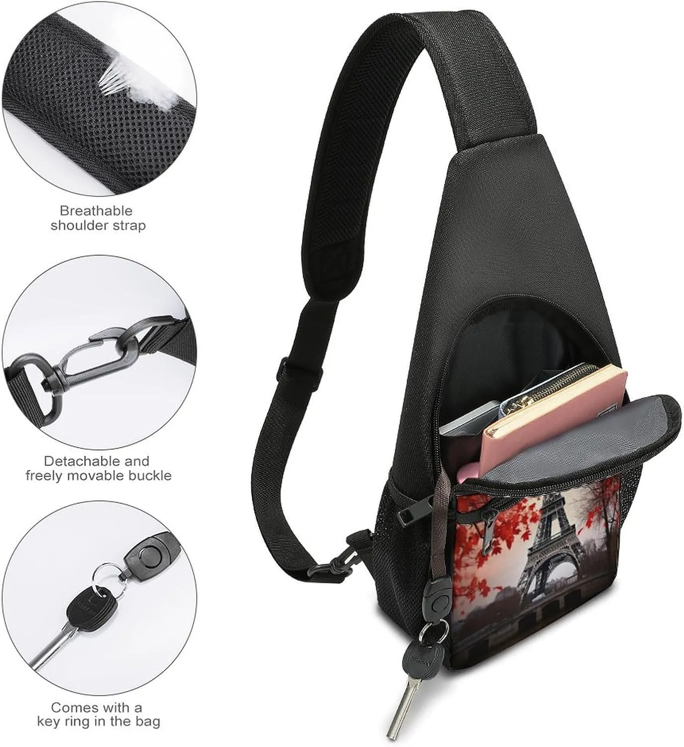 Small Sling Chest Bag Crossbody Bag for Men Women,Eiffel Tower Autumn Leaves Lightweight Gym Daypack for Travel Cycling Hiking