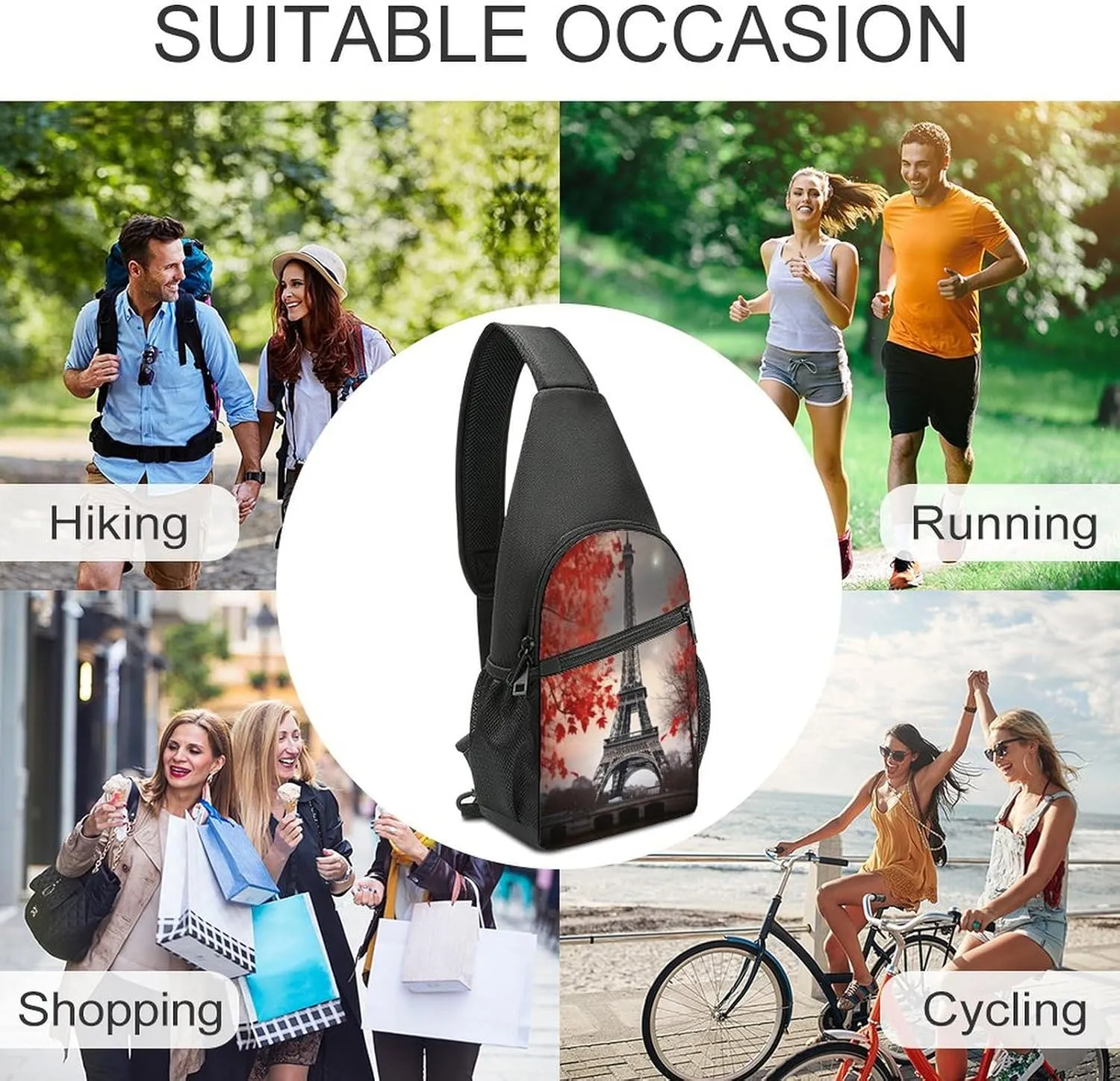 Small Sling Chest Bag Crossbody Bag for Men Women,Eiffel Tower Autumn Leaves Lightweight Gym Daypack for Travel Cycling Hiking