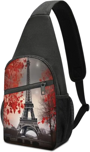 Small Sling Chest Bag Crossbody Bag for Men Women,Eiffel Tower Autumn Leaves Lightweight Gym Daypack for Travel Cycling Hiking
