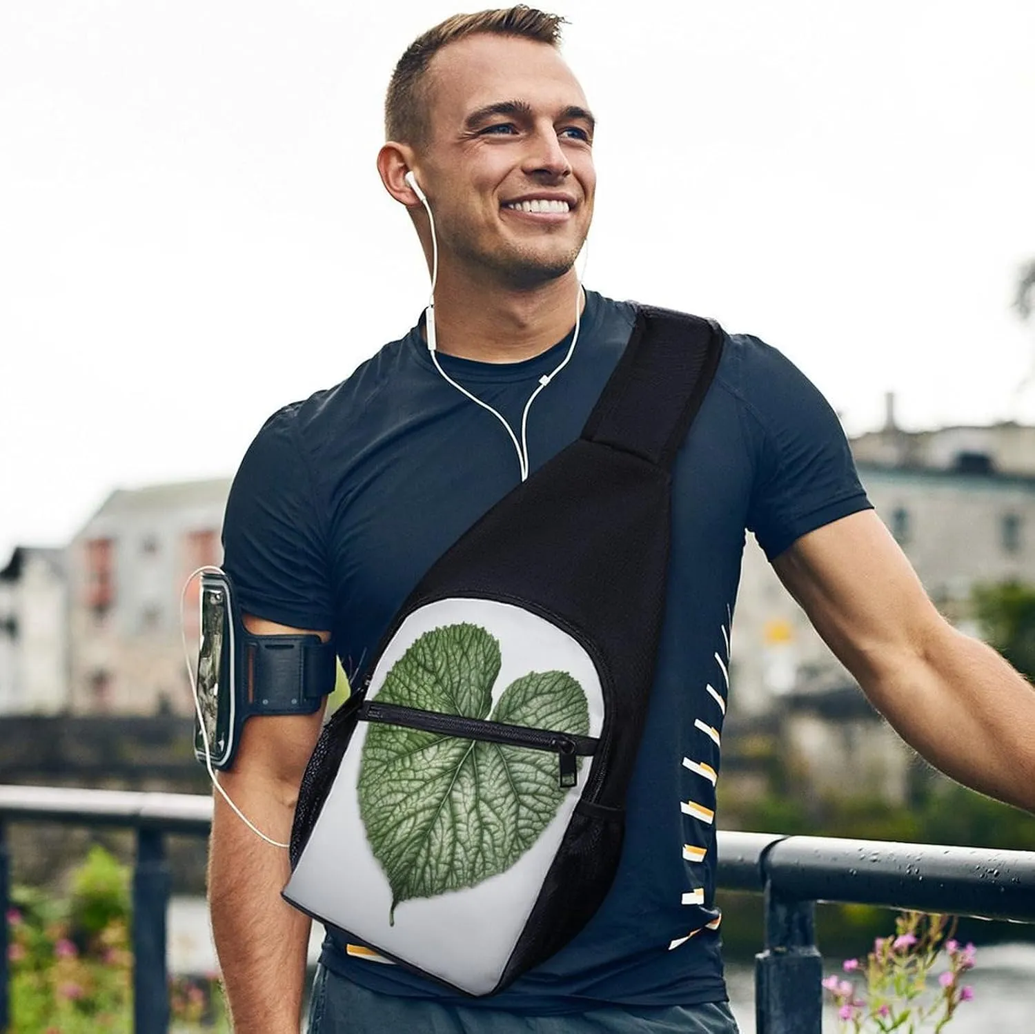 Small Sling Chest Bag Crossbody Bag for Men Women,Green Plant Leaves Lightweight Gym Daypack for Travel Cycling Hiking